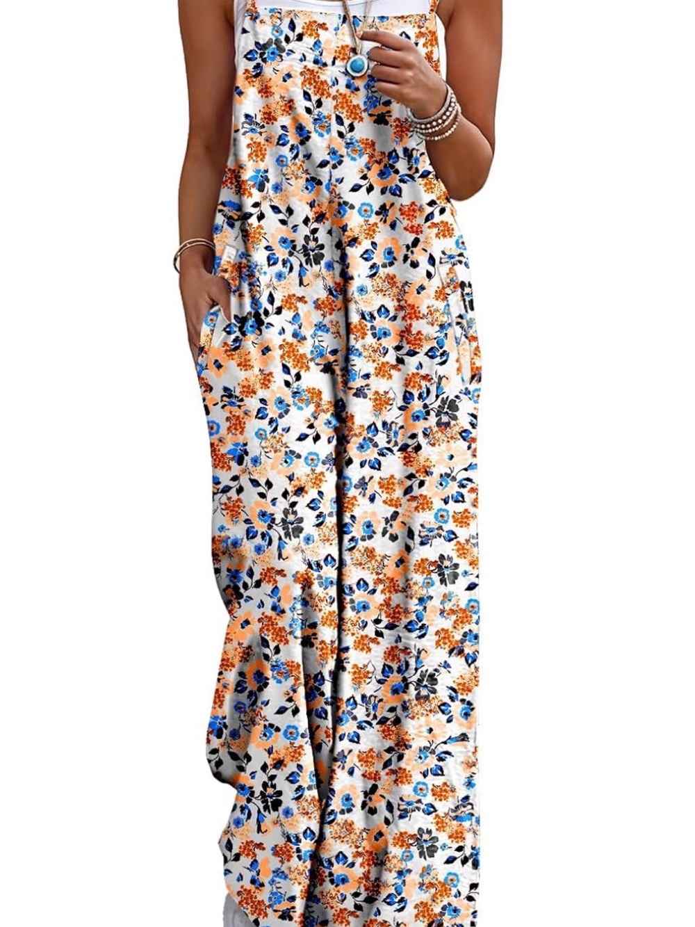 Amazon Floral Wide-Leg Spaghetti-Strap Jumpsuit in White, Blue & Orange